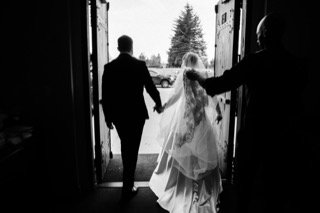 Ceremony: wedding dress, bride, groom, catch, couple, door