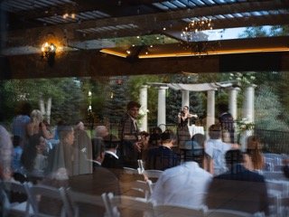 Ceremony: canopy, chair, pillar, table, gathering, gazebo