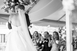 Ceremony: wedding dress, bride, groom, bridesmaid, canopy, ceremony