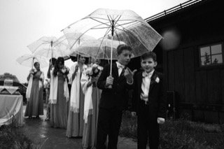 Ceremony: bride, groom, catch, child, cocktail dress, dress
