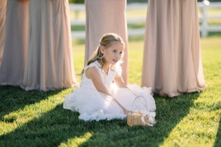Ceremony: ballet skirt, basket, wedding dress, bride, bridesmaid, curtain
