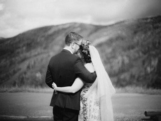 Ceremony: bride, groom, couple, forehead, hug, kiss