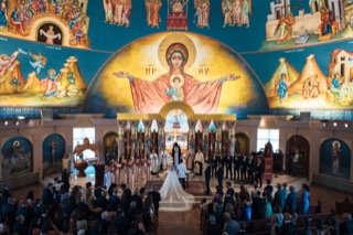 Ceremony: aisle, altar, bride, groom, ceiling, ceremony