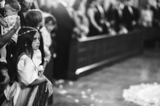 Ceremony: aisle, bride, dress, flower girl, stand, tiara