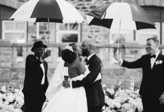 Ceremony: bride, groom, catch, cocktail dress, couple, laugh