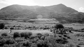 Ceremony: bride, groom, field, hill, hillside, lush
