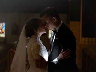 The Couple: wedding dress, bride, groom, couple, forehead, hug