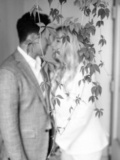 The Couple: bride, groom, couple, hide, ivy, plant