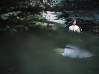 The Couple: bouquet, wedding dress, bride, catch, dress, forest