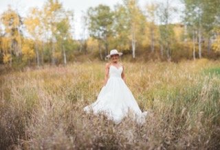 The Couple: beautiful, wedding dress, bride, dress, field, gown