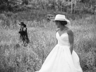 The Couple: wedding dress, bride, groom, couple, cowboy, cowboy hat