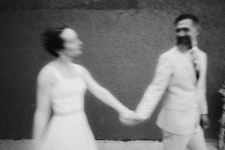 The Couple: bride, catch, couple, dress, hand, walk