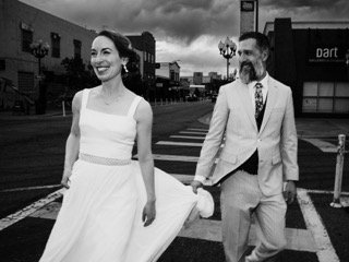 The Couple: wedding dress, bride, catch, cocktail dress, couple, cross