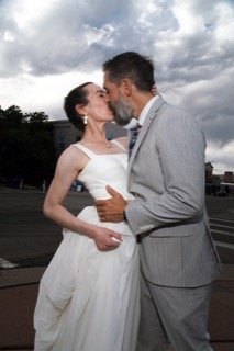 The Couple: wedding dress, bride, groom, cloudy, couple, dress