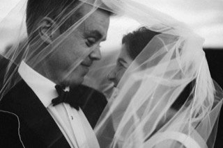 The Couple: wedding dress, bride, groom, cocktail dress, couple, kiss