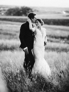 The Couple: wedding dress, bride, groom, couple, dress, field