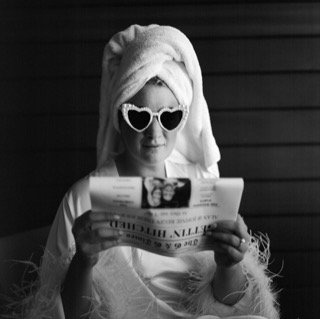 The Couple: bathrobe, catch, dress, goggles, head, magazine