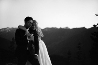 The Couple: wedding dress, bride, groom, cocktail dress, couple, dress