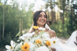 The Couple: bouquet, wedding dress, bride, catch, daisy, dress