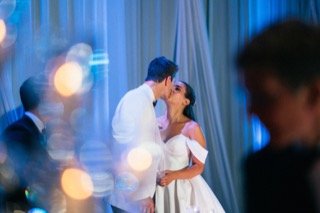 The Couple: wedding dress, bride, groom, cocktail dress, couple, curtain