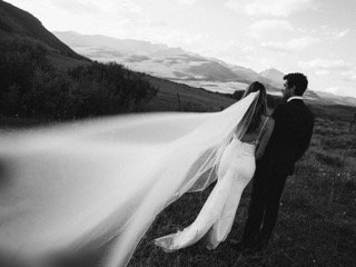 The Couple: blow, wedding dress, bride, groom, couple, dress