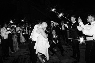Dancing: wand, bride, groom, catch, cocktail dress, couple