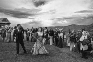 Dancing: bride, groom, couple, crowd, dance, dress