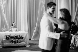 Dancing: bride, groom, couple, dance, table, newlywed