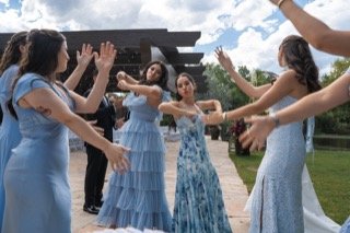 Family and Loved Ones: blue, bride, bridesmaid, dance, dress, hand