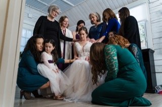 Family and Loved Ones: wedding dress, bride, bridesmaid, dress, family, floor