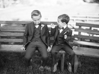 Family and Loved Ones: bench, bow tie, cocktail dress, park bench, sit, suit