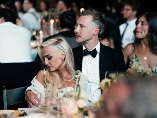 Family and Loved Ones: bow tie, bride, groom, cocktail dress, couple, table