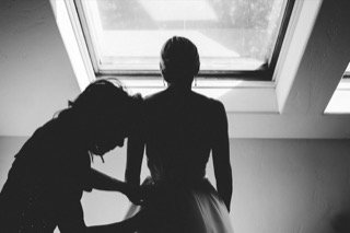 Getting Ready: adjust, wedding dress, bride, groom, profile, couple
