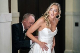 Getting Ready: beautiful, wedding dress, bride, groom, cocktail dress, pillar