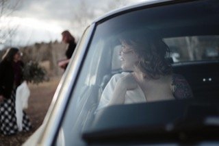Getting Ready: adjust, bride, car, car window, dress, jaw