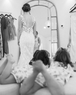Getting Ready: back, wedding dress, bride, dress, flower girl, garment