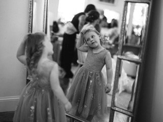 Getting Ready: dress, flower girl, mirror, reflection, stand, stare