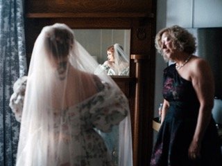 Getting Ready: wedding dress, bride, dress, mirror, mother, reflection
