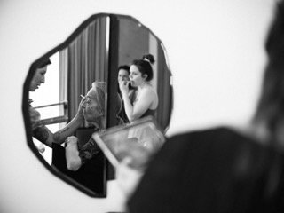 Getting Ready: bathroom mirror, bride, brush, cosmetic, hair, mirror